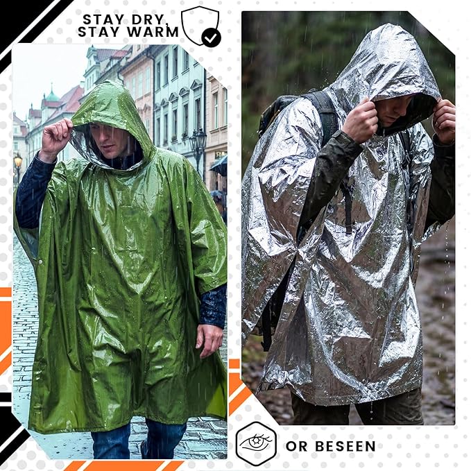 10 Pack Emergency Ponchos with Polyester Film Blanket Liner Waterproof Windproof Thermal Survival Blanket Rain Ponchos for Adult Outdoor Camping Hiking Emergencies Essential, 40 x 47 Inch