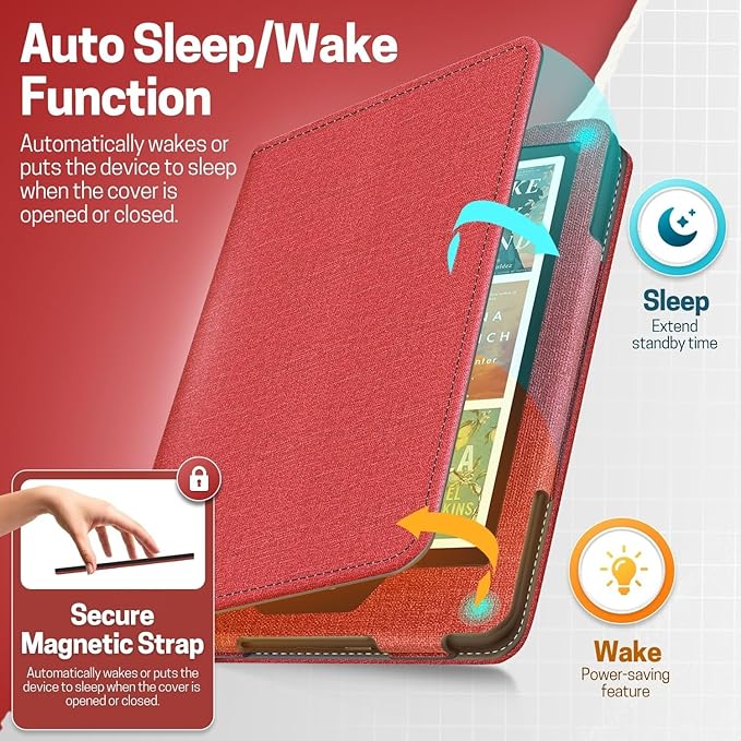 TNP Stand Case with Strap for Kindle Paperwhite 12th Gen 2024 / Kindle Colorsoft Signature Edition - 7" PU Leather Protective Folio Cover with Auto Wake/Sleep & Card Slot, Red