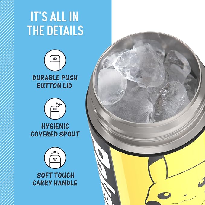 THERMOS FUNTAINER 16 Ounce Stainless Steel Vacuum Insulated Bottle with Wide Spout Lid,Pokemon,(Pack of 6)