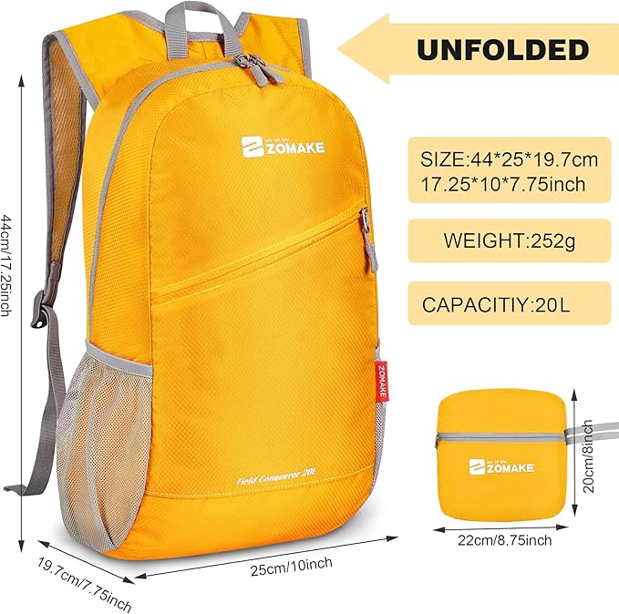 ZOMAKE Lightweight Packable Backpack 20L, Foldable Backpacks Small Daypack for Hiking Water Resistant Day Bag for Travel(Yellow)