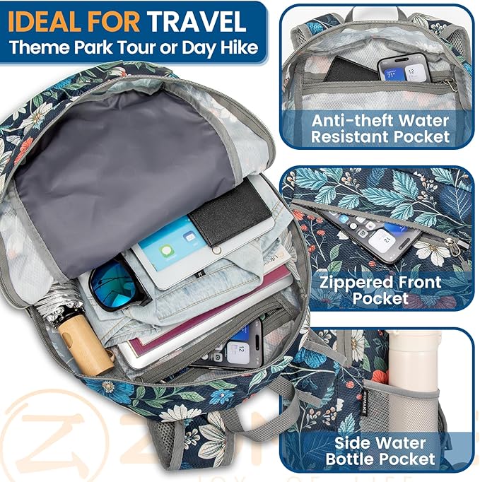 ZOMAKE Ultra Lightweight Packable Backpack 25L - Foldable Hiking Backpacks Water Resistant Small Folding Daypack for Travel(Navy blue,Floral pattern)