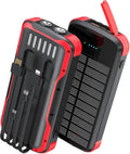 Solar Charger Power Bank, PD 20W Fast Charging External Batter, 40000mAh Portable Phone Charger Built in 4 Cables with Dual Bright Flashlights for Camping, Hiking, and Outdoor Use（RED）