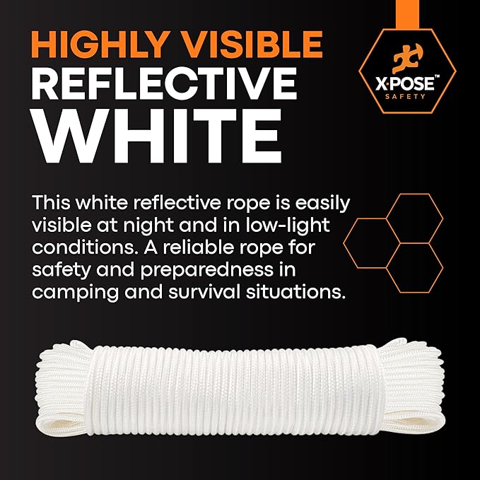 Line Nylon Cord - 100 Ft White Reflective Guyline - Camping Rope, Guy Lines, Tie Down Rope - Tent Accessories & Cordage