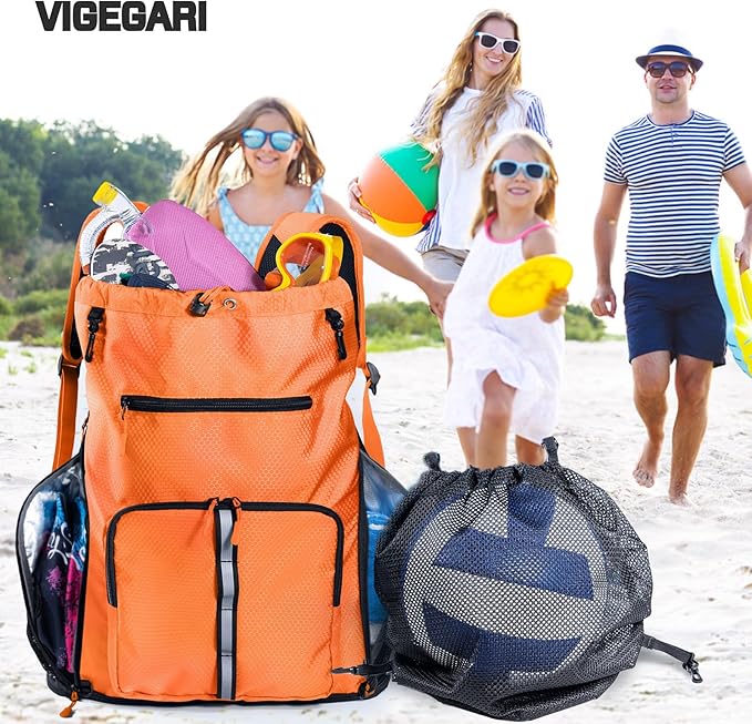 Large Beach Backpack Waterproof Sandproof - Customized Oversized Drawstring Pool Bag with Shoe Compartment for Toiletries, Towels, Gym, Travel