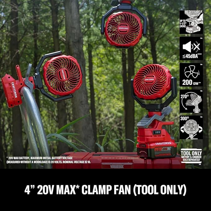 CRAFTSMAN Portable Clip on Fan Rechargeable (Tool Only), Small Personal Clamp Fan Battery Powered 4" 20V for Stroller Desk Table Home Office Outdoor Travel Camping Tent, CMXEFXA520402