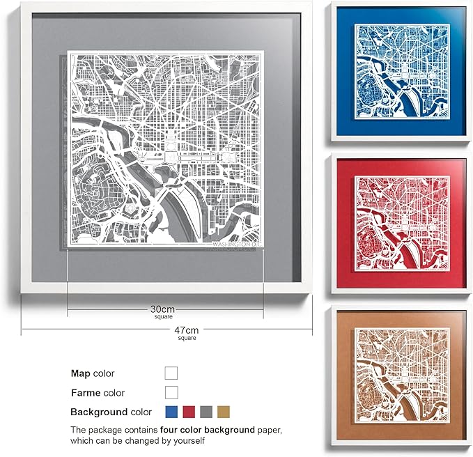 Washington D.C.s Cut Map framed by O3 Design Studio, White map, White frame, 18x18 inches, paper cutting art work, Gift Boxed, 4 background color, self-changing, Wall Art