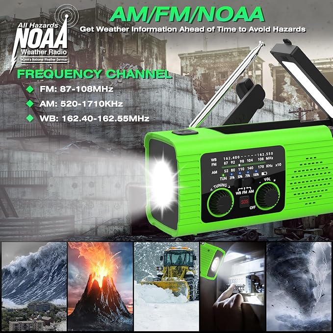 NITIGO Radios for Emergency, Multifunction Solar Charger Hand Crank NOAA Weather AM/FM Radio 4000mAh with USB Charged, Reading Lamp, Flashlight, SOS Alarm, Headphone Jack for Camping Emergencies