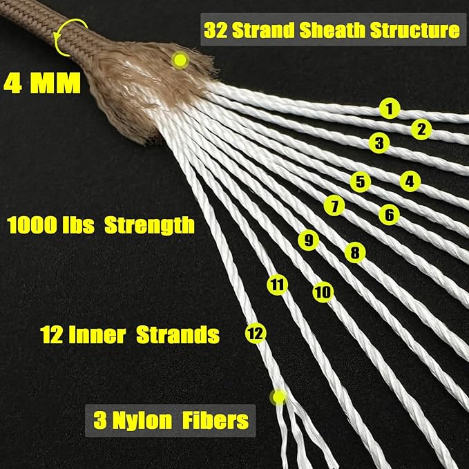 VVAAGG 1000 Tan Paracord 50FT Utility Parachute Cord 4mm Nylon String12 Strand Nylon Camping Rope, Tent Rope, Clothsline Rope for Survival & Camping Gear