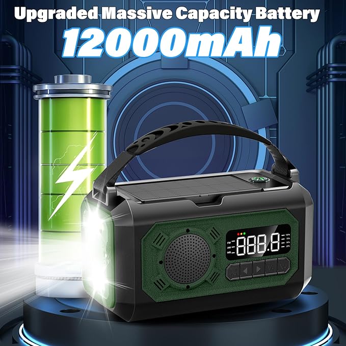 12000mAh Emergency Weather Radio, Hand Crank Solar Radio Portable AM/FM/NOAA Radio with 2 Solar Panels 3 Charging Methods SOS Alarm 3 Mode Flashlight Phone Charger Compass Reading Lamp
