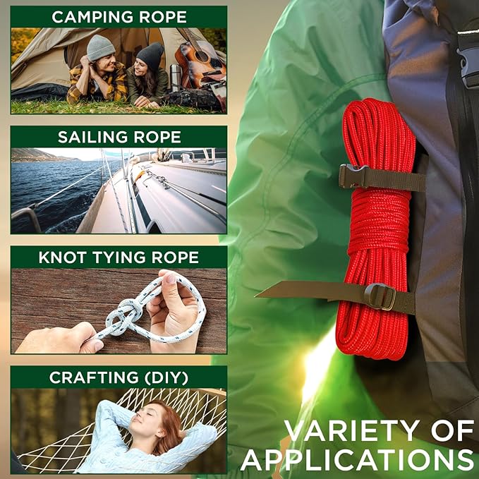 TECEUM Rope – 90 Feet x 1/4 Inch (7mm) – Red – Strong All-Purpose Utility Rope – Camping, Crafting, Flag Pole, Indoor & Outdoor – Polypropylene Nylon Poly Lightweight Diamond Braided Cord