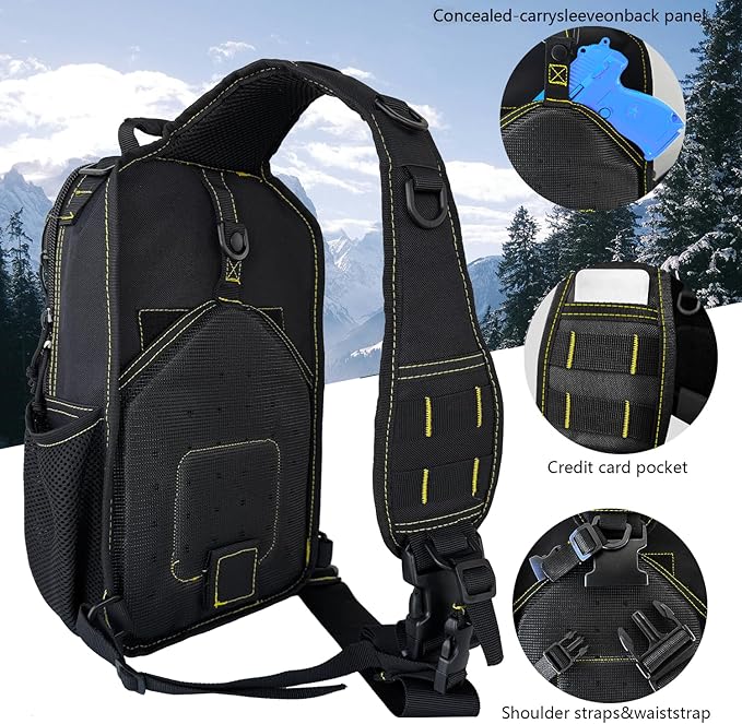 Rover Sling Pack Tactical Shoulder Sling Bag Backpack with Bottle Holder Crossbody Chest Bag, Black with Yellow