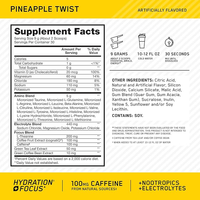Optimum Nutrition Amino Energy Powder Plus Focus, with BCAA, Electrolytes, and Caffeine, Pineapple Twist, 30 Servings (Packaging May Vary)