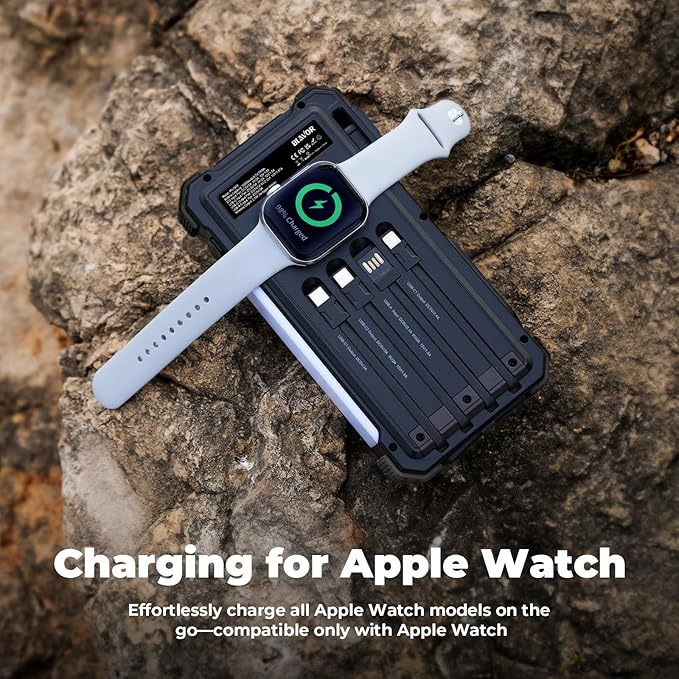 BLAVOR Solar Power Bank 20000mAh Built-in Cables, Wireless Charger for Apple Watch, 20W Fast Charging Battery Pack with USB C, Flashlight, Solar Charger for iPhone, iPad, iWatch, Samsung