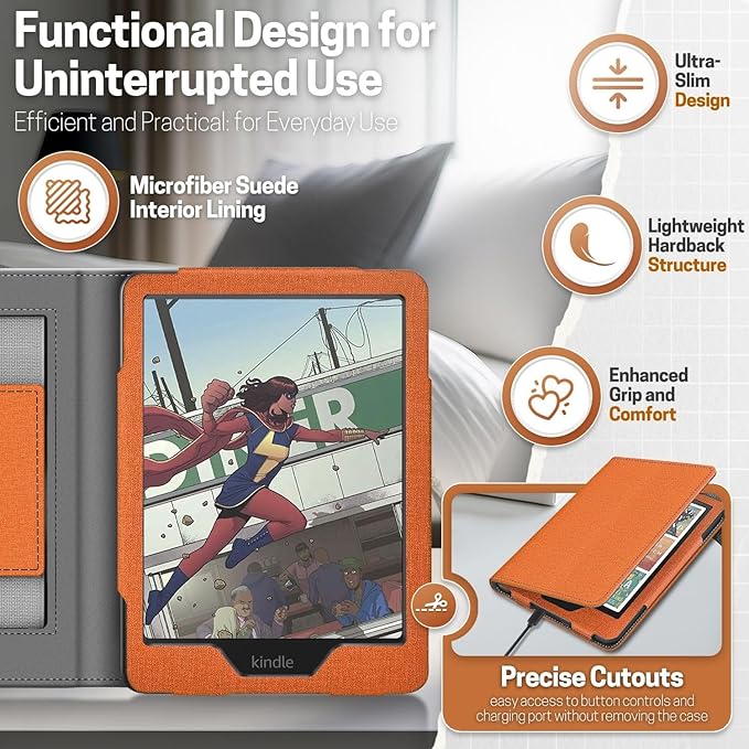 TNP Stand Case with Strap for Kindle Paperwhite 12th Gen 2024 / Kindle Colorsoft Signature Edition - 7" PU Leather Protective Folio Cover with Auto Wake/Sleep & Card Slot, Orange