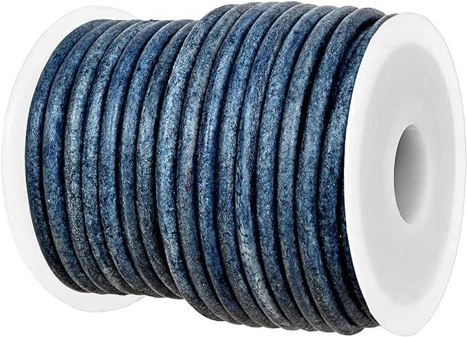 GENIQUE Real/Genuine Round Leather String Cord for Necklace, Bracelets, Jewellery, Braiding (3mm, Blue Distressed)