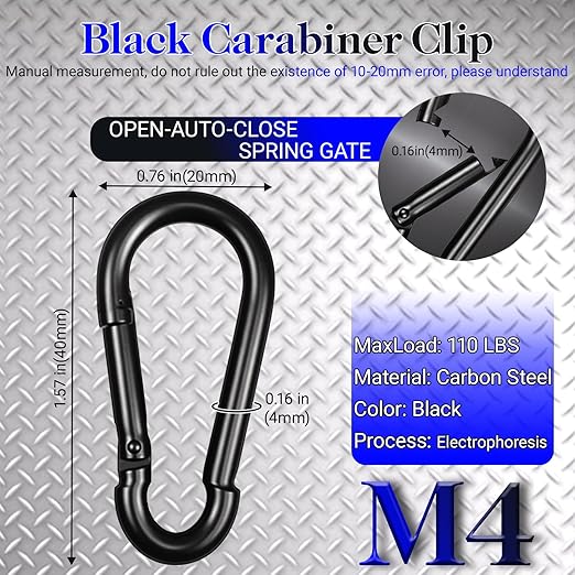 100 Pack 1.57" Heavy Duty Carabiner Clips, M4 Black Galvanized Steel Spring Snap Hooks, Rust-Resistant Keychain Clips for Hammock, Camping, Hiking, Fishing, Swing Set