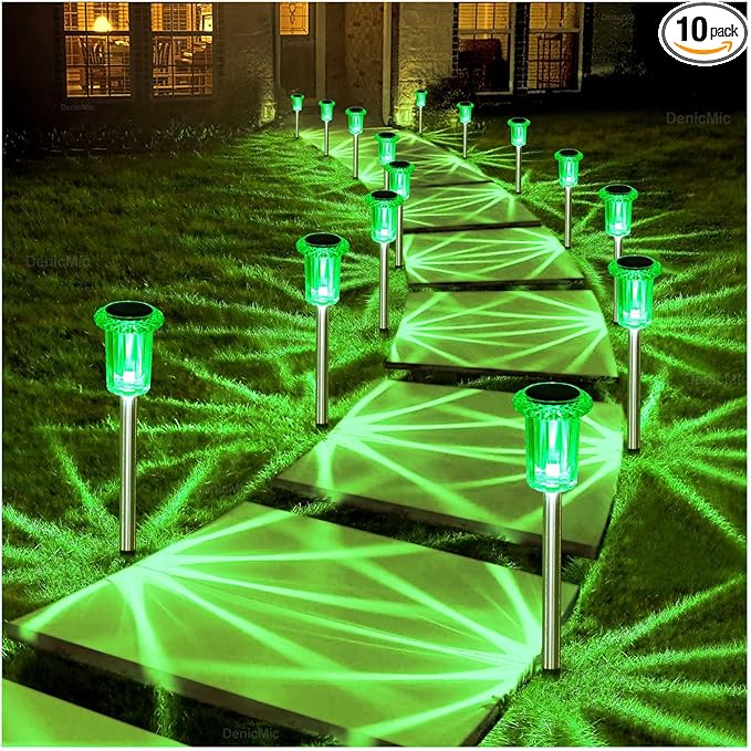 DenicMic Solar Lights Outdoor 10 Pack Waterproof Green LED Stainless Steel Stake Outside Lights for Yard Pathway Garden Driveway Walkway Landscape Path Lighting