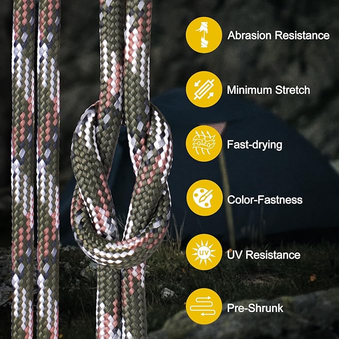 850Ib Reflective Paracord Rope, 50/100/200/500/1000ft 4MM 11 Strand Parachute Cords, Survival Paracord Rope Tie Down for Crafting, Tent, Camping, Clotheline, Hiking, Fishing, Camo Green 100FT