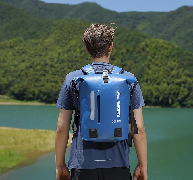 MARCHWAY Roll Top Waterproof Backpack, Floating Dry Bag 20L/30L/45L with Ergonomic Rectangular Base, Cushioned Back, Hip Strap for Hiking Camping Kayaking Travel (Blue, 45L)