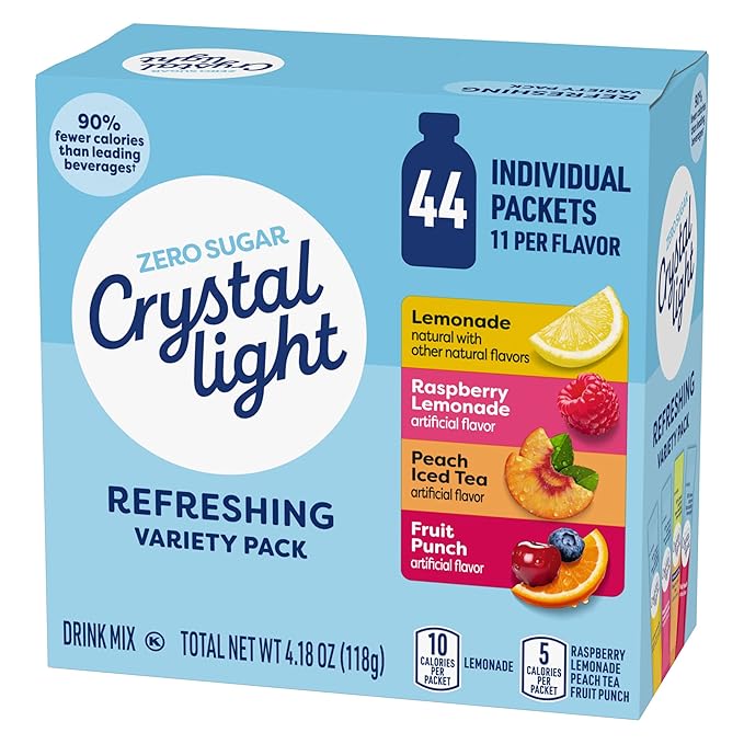 Crystal Light Refreshing Drink Mix Variety Pack, 44 Packets, for Convenient Hydration, Lemonade, Raspberry Lemonade, Peach Iced Tea, Fruit Punch, Natural and Artificial Flavor, Zero Sugar, 4.18 oz