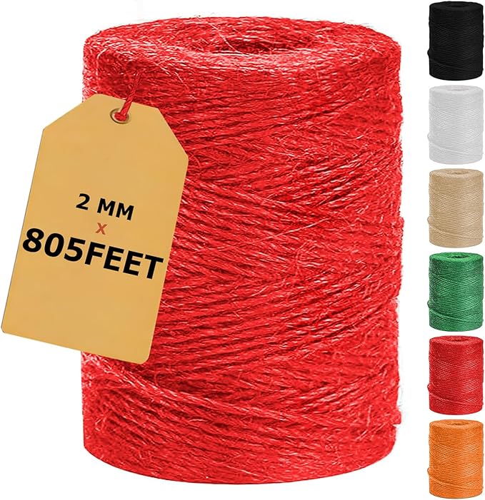 Vanhench 805ft Twine String, Red Colored Natural Jute Twine Cord Thin Rope, Arts & Crafts Gift Wrapping, Wrapping, Wedding Décor, Art Decoration Packing Material, Christmas Wrapping