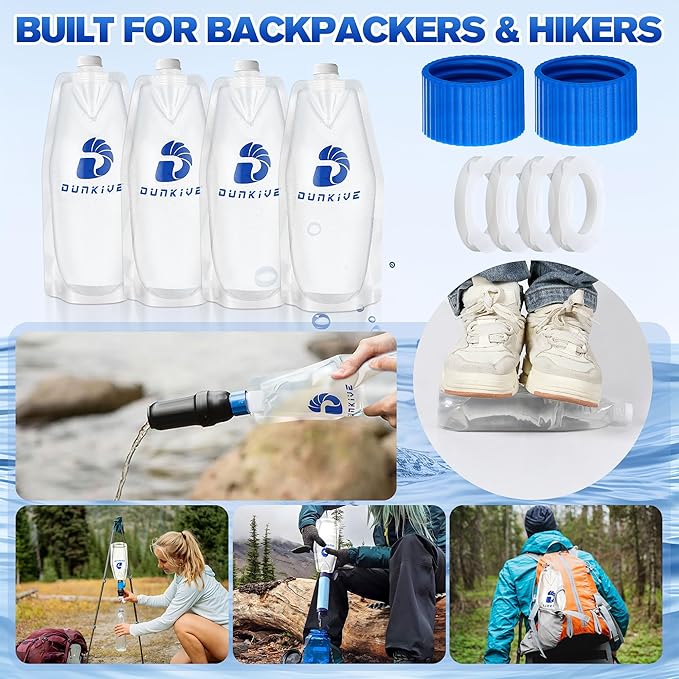 1L Collapsible Water Filter Bags and Water Filter Coupling Kit Compatible with 28mm External Threaded Filters, Foldable Backpacking Bottle for Traveling, Hiking, Camping - 4 × 33.8oz
