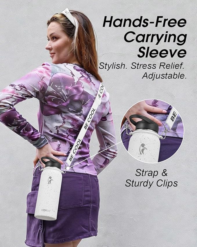 Coolflask Water Bottle with Straw, 32 oz Insulated Metal Water Flask with Straw & Spout Lids, Stainless Steel Double Wall Vacuum, Keep Cold 48h Hot 24h, Leak Proof, BPA-Free, Arctic White