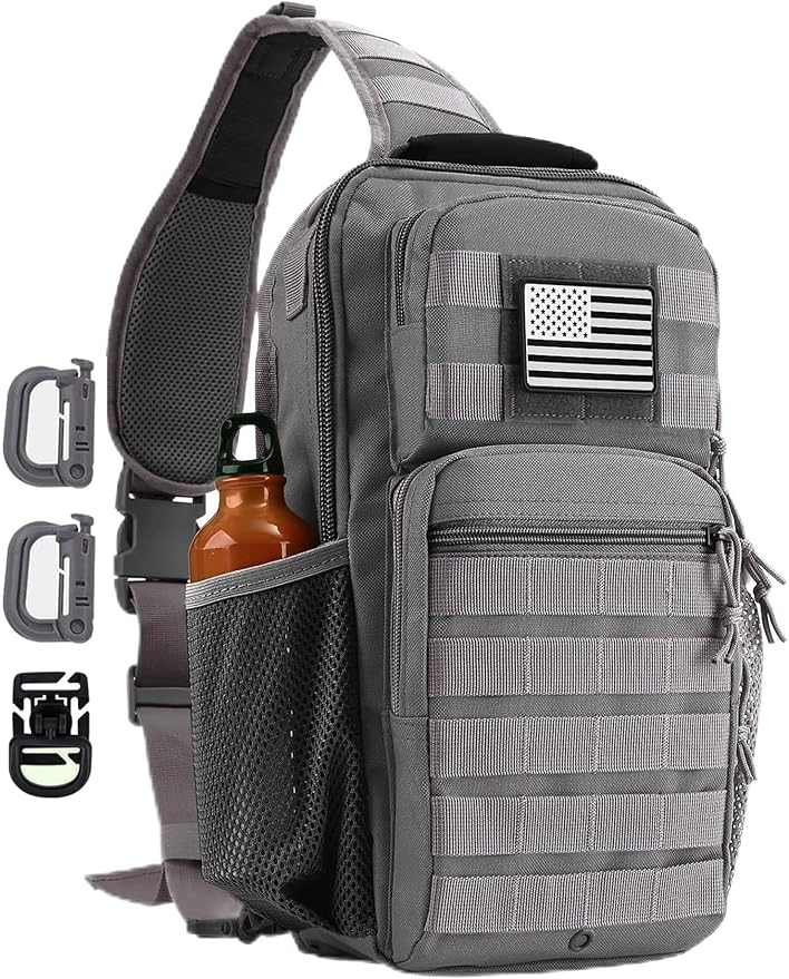 Rover Sling Pack Tactical Shoulder Sling Bag Backpack with Bottle Holder Crossbody Chest Bag, Grey