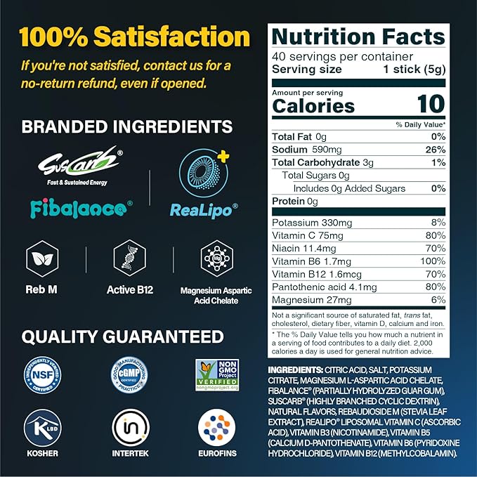 40 Sticks Sport Hydration Sugar Free Electrolyte Packets, High Sodium Low Calorie Electrolyte Powder Drink Mix, Liquid Daily IV Flavors | Salty Watermelon Raspberry Lemon Orange