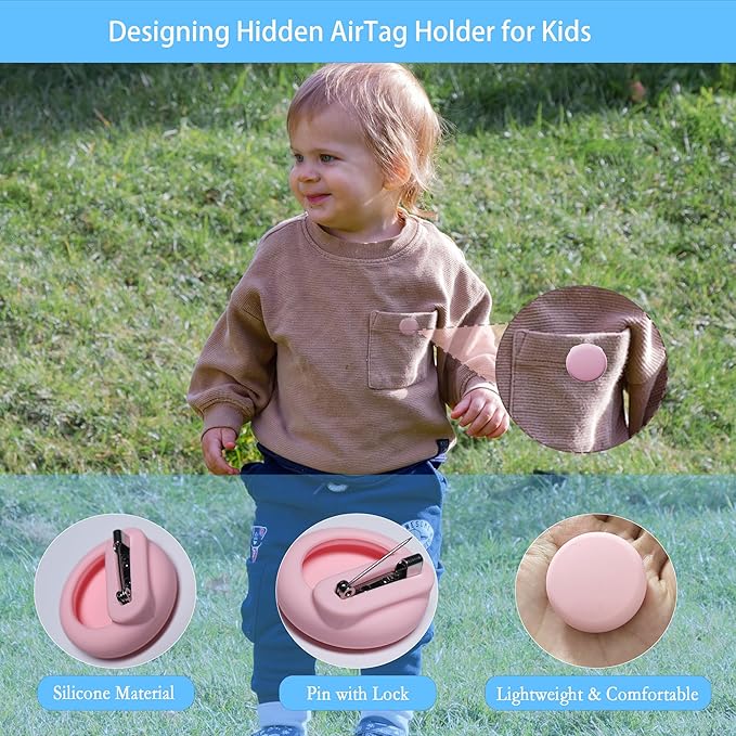 Air Tag Holder for Kids (2 Pack), Hidden GPS Tracker Case with Pin for Airtag Gen 2/1, Silicone Protective Cover for Toddler, Children, Elderly, Cloth, Pants, Shoe, Backpack, Luggage (Black+Black)