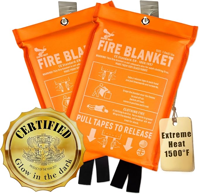 Fire Blanket - 1500F CE Certified Emergency Fire Blanket for Home and Kitchen. 500GSM Fabric & 0.5mm Thick - 100% Fiberglass Fire Extinguisher for Car,Warehouse Office - 2pc (40x40 inches) by Supa Ant