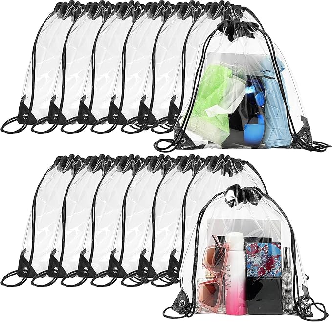 Shappy 30 Pcs Clear Drawstring Backpack, Plastic Waterproof Transparent Stadium Bags String Bag for Gym Travel (Black)