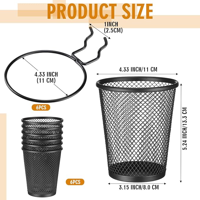Spakon 6 Sets Pegboard Cups with Ring Hook, Peg Board Baskets Bin Holder Organizer Accessories Pegboard Pencil Cup Multipurpose Metal Pen Holder for Office Garage(Black,3.15x5.24x4.33'',Regular)