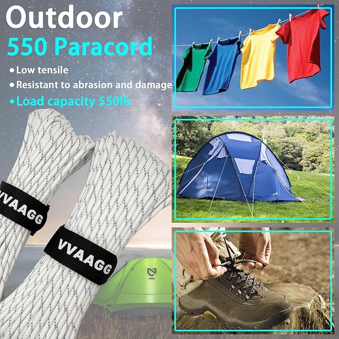 VVAAGG Reflective Paracord Rope 100FT, 7 Strand Nylon para Cord Lanyard Utility 550 Parachute Cord, 4mm Thin Tent Rope for Outdoor Camping Hiking
