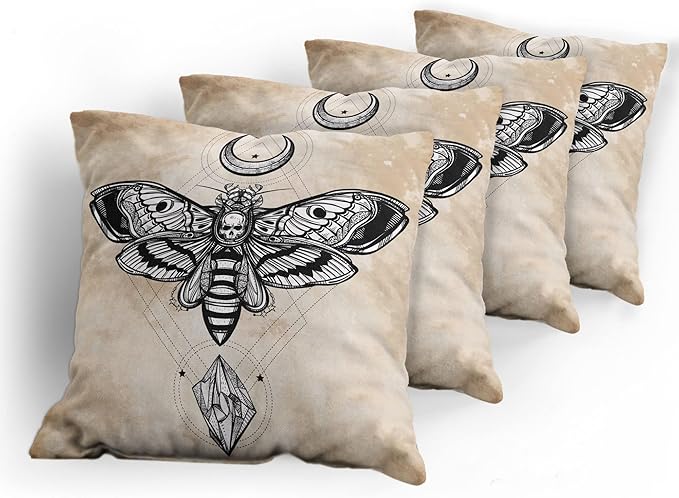 Ambesonne Fantasy Throw Pillow Cushion Case Pack of 4, Dead Head Hawk Moth Luna and Stone Magic Skull Illustration, Modern Accent Double-Sided Digital Printing, 24", Black Beige