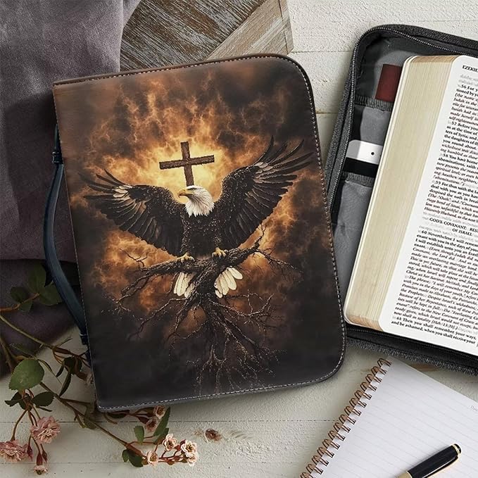 Small Bible Cover Case for Women Men Bald Eagle and Cross Print PU Leather Bible Case with Bookmark Church Bag Book Carrying Case Bible Cover for Women Men Bible Case for Men Women