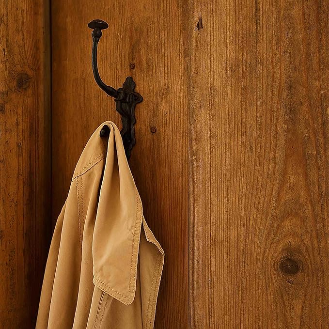 Mystic Colonial Rustic Cast Iron Wall Hooks – Heavy Duty Vintage Utility Hooks for Hanging Coats, Towels, Bags, Robes, Hats & More – Large Decorative Wall Mount Hanger, Pack of 2, Black