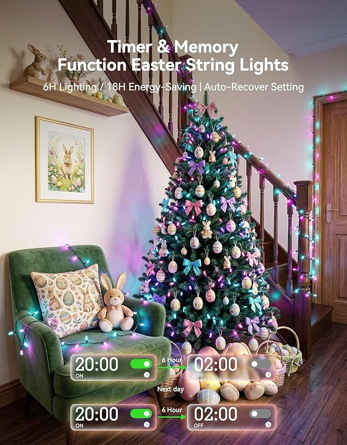 LitHome 99FT 300 LED Easter Lights String Outdoor Waterproof, 8 Modes Pastel String Lights Plug in Green Wire, Colorful Easter Light with Timer & Memory Function, Tree Light Outdoor for Garden Patio