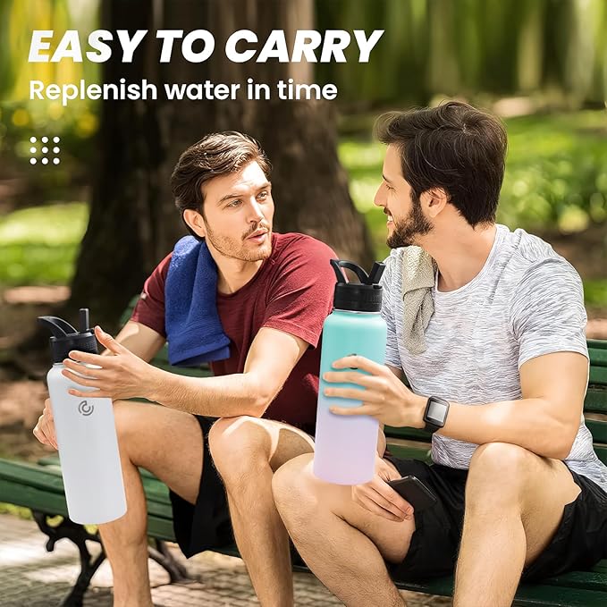 COKTIK 40oz Sports Water Bottle, Stainless Steel Water Bottle for Insulated, Reusable Travel Bottle, With Straw, With Handle Grip for Easy Carrying, Suitable for Cycling, Outdoor Vacations(Bubble Gum)
