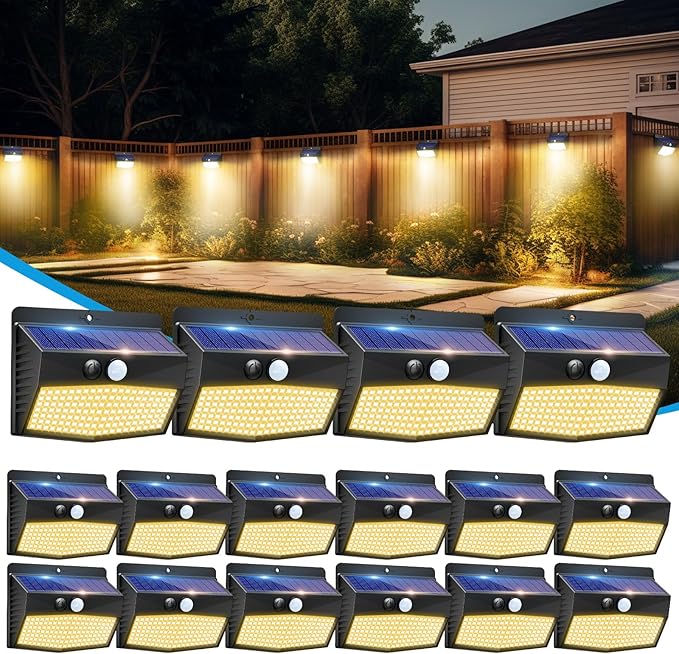 Peasur 16 Packs Solar Outdoor Lights Motion Sensor Solar Security Light Waterproof with 3 Lighting Modes Solar Powered Wall Lights Outside for Garden Fence Yard, Warm White