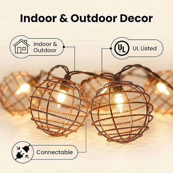 Decorative String Lights Indoor Outdoor, Patio Lantern Style String Lights with 10 Warm White Mini Bulbs, UL Listed Connectable Weatherproof Plug In Lights for Home Decoration(Iron Wire Twist Ball)