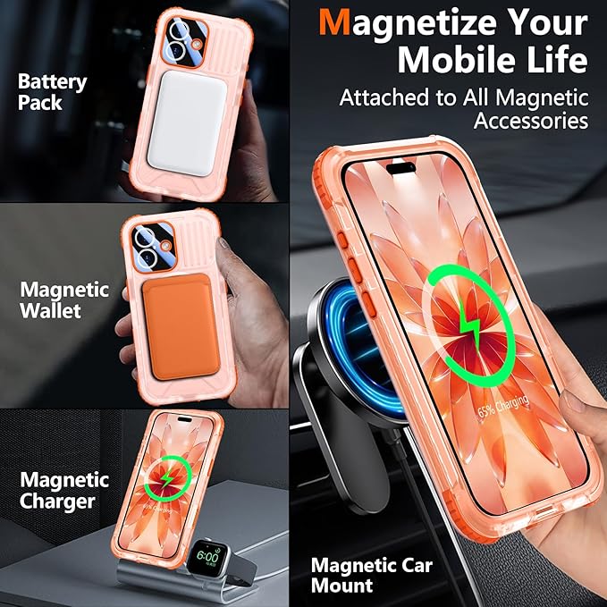 SPIDERCASE Magnetic for iPhone 17 Case Waterproof,[Built-in Screen & Camera Protector] [IP68 Underwater] 12FT Military Shockproof, Dustproof, Anti-Scratched Phone Case,Orange/Clear