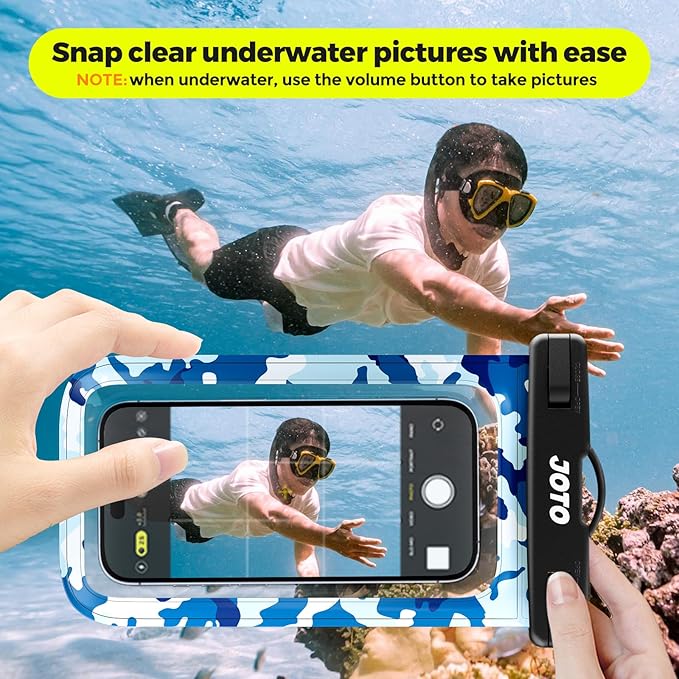 JOTO Up to 7" Universal Waterproof Phone Case for iPhone 17 Air 16 15 14 13 12 11 Plus Pro Max, IPX8 Cellphone Dry Bag XR X SE, Galaxy S23 S22 S21 S20+ S20 S10 Plus Note, Pixel -CamoBlue