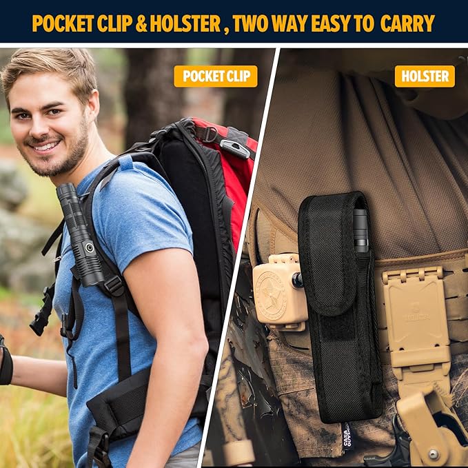 Hoxida Rechargeable Magnetic Flashlight High Lumens - 1500 Meters Long Beam Super Bright LED Tactical Flashlight with Holster USB Zoomable 5Modes Small Long Beam Spotlight Flashlight for Camping