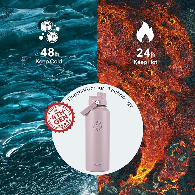 BUZIO 40 oz Water Bottle Insulated, Triple Wall Vacuum Stainless Steel Flask (Cold for 48 Hrs), Leakproof BPA-Free Wide Mouth Metal Jug Hydro Canteen with 2 Lids, Purple