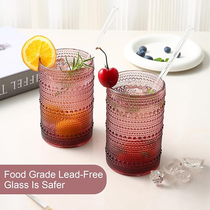 ZMOWIPDL Vintage Glassware Drinking Glasses Set of 6,15 oz Hobnail Glass Cups,Embossed Purple Water Tumbler,for Beer,Cocktail,Whiskey,Juice and Various Mixed Drinks- 1 Cleaning Brush