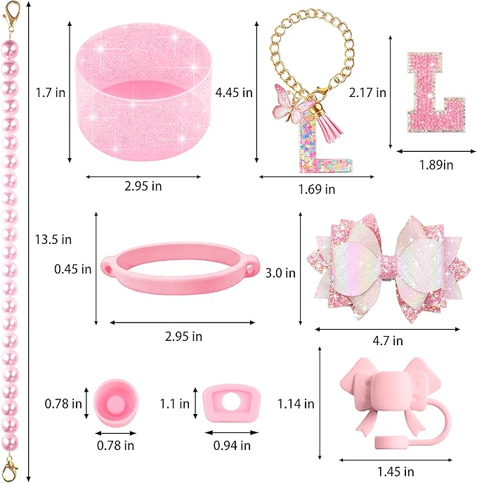 9PCS Pink for Stanley Cup Accessories Set Bling Initials Bow Charms for Stanley Decorations 30/40 Oz Tumbler Accessories Including Bow Straw Topper, Handle Strap, Spill Stopper（Letter L）