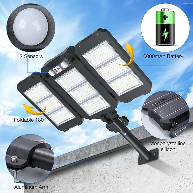 Solar Lights Outdoor, 7000 LM Super Bright Dual Motion Sensor Lights, Aluminum Arm 3 Heads Dusk to Dawn LED Outdoor Flood Lights, IP65 Waterproof Solar Security Light with 3 Modes Yard Street-2 Pcs