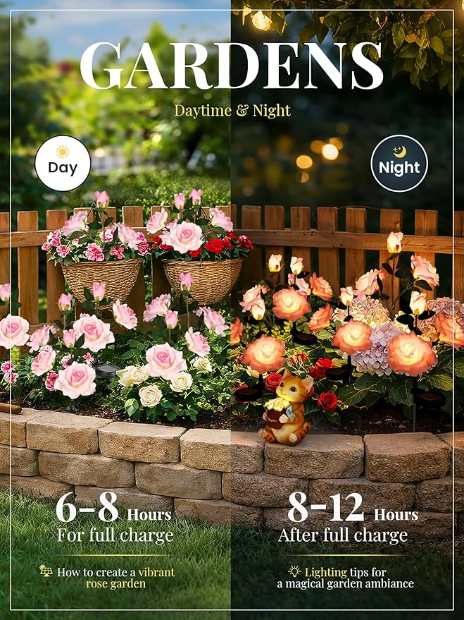 GIGALUMI Solar Lights Outdoor for Garden Decor, 3 Pack Solar Flower Lights Waterproof, 2 Lighting Modes 9 Roses for Pathway,Yard, Patio Decoration, Gardening Gifts for Women (Pink)