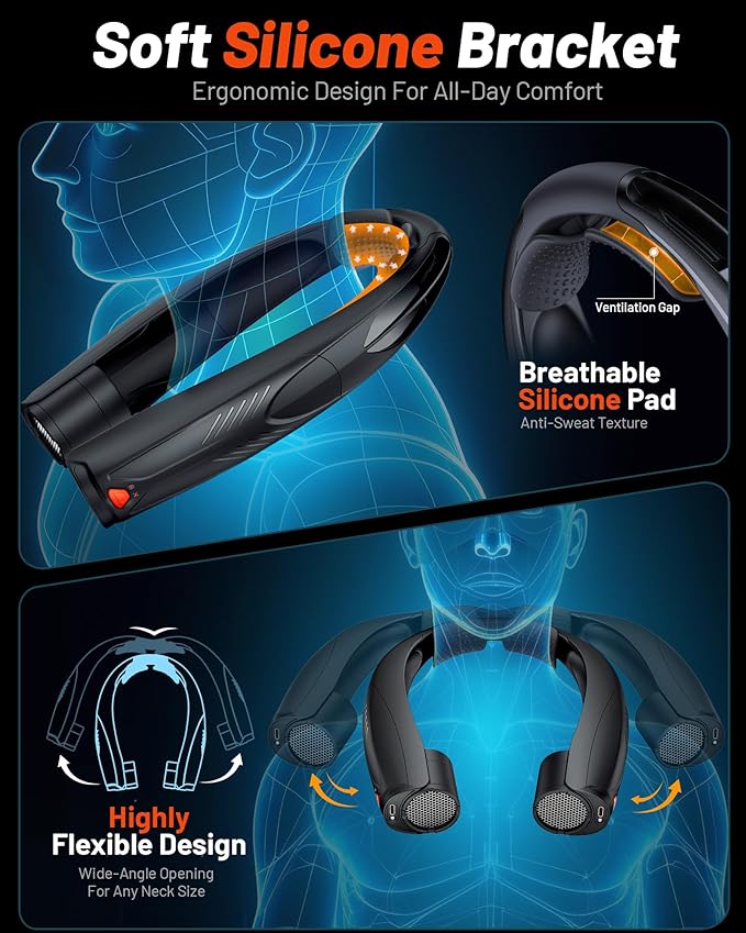 Portable Neck Fan, 6000mAh Rechargeable Personal Fan with 6 Speeds, Up to 20 Hours Runtime, 360° Cooling Wearable Fan with LED Light, Hands-Free Fan for Travel Camping Outdoor
